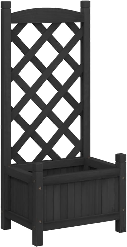 vidaXL Solid Fir Wood Planter with Trellis - Raised Garden Bed for Climbing Plants, Flowers, Vegetables in Black, 15.7"x11.8"x35.4"