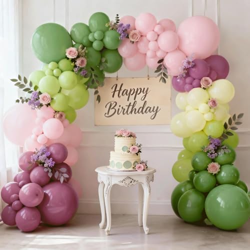 Image of Blocesa Sage Green Pink Purple Balloons Arch Kit, Latex, Party Decoration