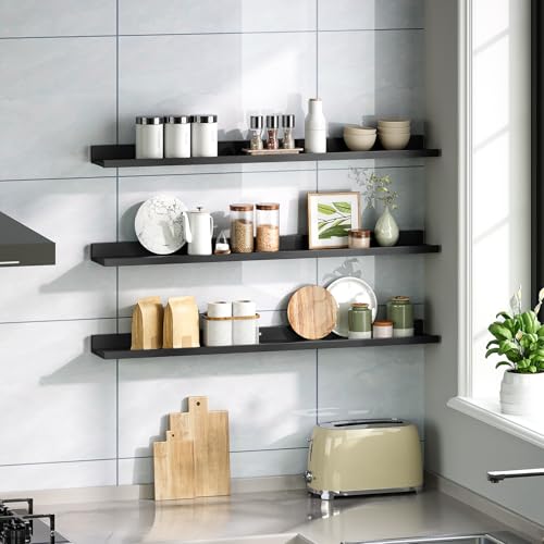 Image of HOOBRO Floating Shelves, Wall Shelf Set of 3, 35.4 Inches Hanging Shelf with Raised Edge and Invisible Brackets, for Bathroom, Bedroom, Kitchen, Office, Living Room Decor, Black BK90BJ01