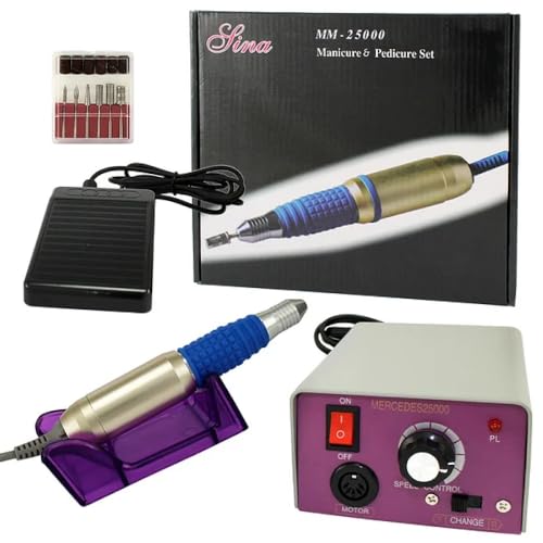Torno para uñas Lina MM-2500 de 25000 rpm con pedal de control y juego de fresas profesionales