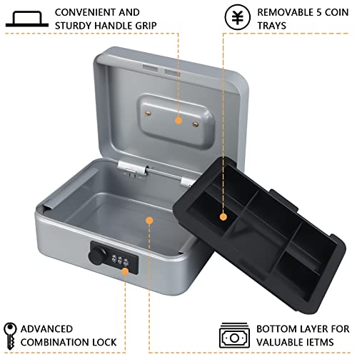 Image of KYODOLED Cash Box with Combination Lock,Safe Metal Box for Money,Storage Lock Box with Money Tray,7.87 inchx 6.30 inchx 3.54 inch Lightgrey Medium