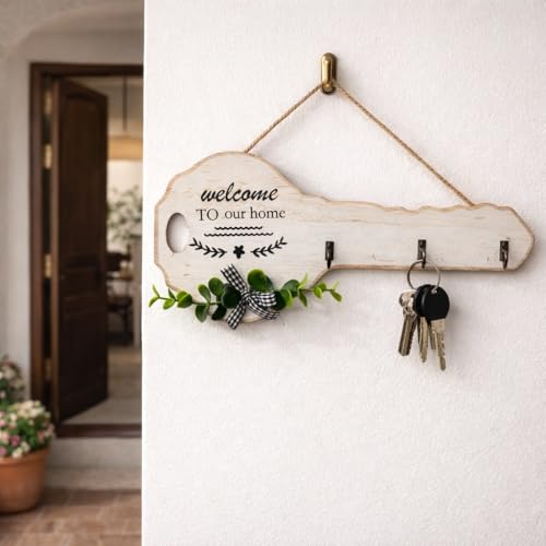 Image of CraftVatika Wooden Key Holder for Wall with 3 Hooks, Key Shape Wall Hanging Organizer Rack, Decorative Entryway Holder for Home Entrance, Wall Mounted Stand, Housewarming Gift, Home Decor Items