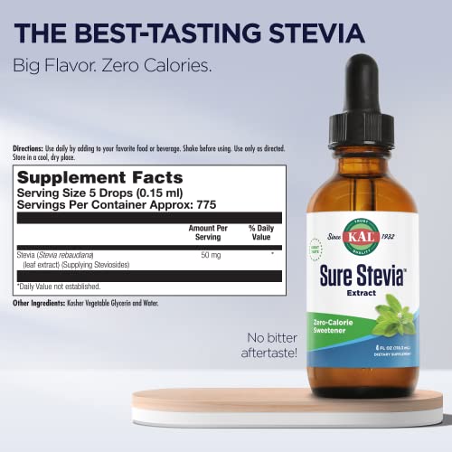 Kal Sure Stevia Extract Zero Calorie Sweetener, Low Carb, Plant Based Liquid Stevia Drops, Great Taste, Zero Sugar, Low Glycemic & Perfect For A Keto Diet, 60-Day Guarantee, Approx. 775 Servings, 4Oz #TOP1