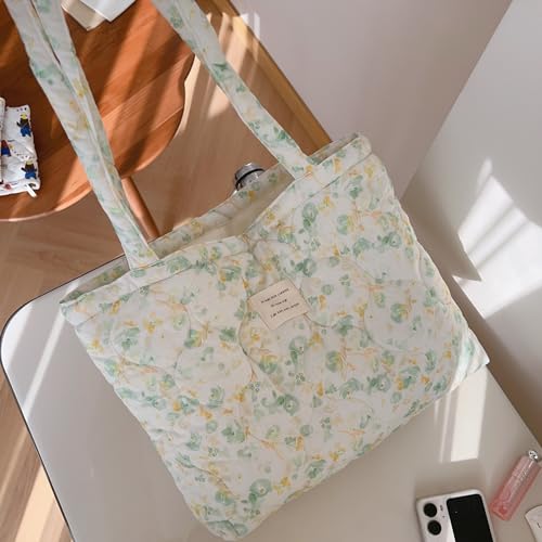 Image of Floral Quilted Cotton Shoulder Bag for Women Medium Size Handbag Large Capacity Thickened Design Tote