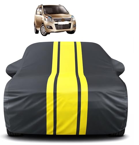 Image of Auto Hub Car Cover Compatible with Maruti WagonR (Model : 2000-2018) with Mirror Pocket, Soft Cotton Lining, WagonR Car Cover Waterproof - Yellow-Black
