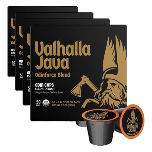 Death Wish Coffee, Valhalla Java Single Serve Pods - Extra Kick of Caffeine - Dark Roast Coffee Pods - Made with USDA Certified Organic Fair Trade Arabica and Robusta Beans (50 Count) (Pack of 4)