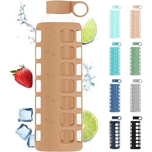 purifyou 40oz / 32oz / 22oz / 12oz Borosilicate Glass Water Bottle with Time & Volume Markers, Silicone Sleeve, Stainless Steel Lid | Reusable Glass Bottle for Water & Juice (32oz Iced Coffee)