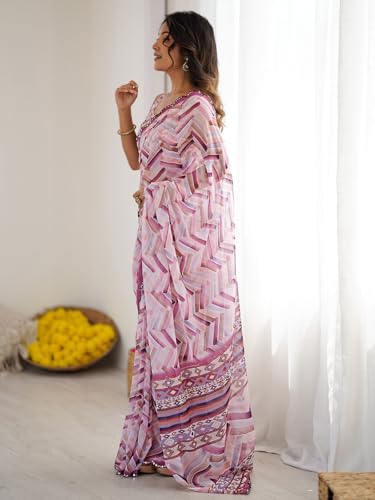 Image of Satrani Women's Georgette Printed & Mirror Work Saree with Unstitched Blouse Piece