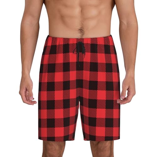 Mens Pajama Shorts with Pockets - black red buffalo plaid Checkered Soft Lounge Pj Sleep Shorts Pajama Bottoms for Men