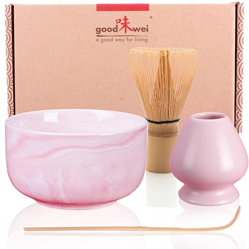 Goodwei Matcha Set including Matcha Whisk, Spoon and Ceramic Matcha Bowl with Whisk Holder in Matching Design