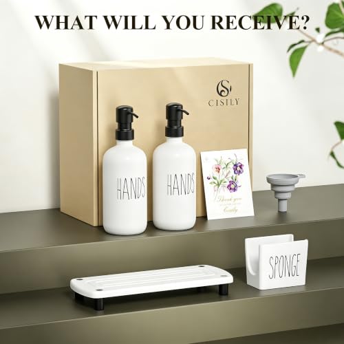 Image of Cisily Kitchen Soap Dispenser Set Comes with Ceramics Sponge Holder, Gold Pumps, and Instant Dry Tray, Hand and Dish Soap Dispenser Set (4, Black + White + Sponge Holder)