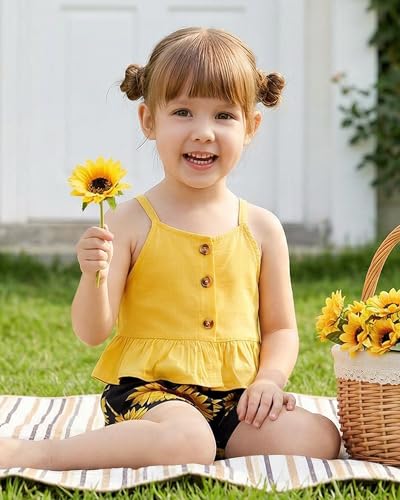 Kucnuzki Toddler Baby Girl Clothes Summer Outfits Ruffle Sleeveless Linen Shirt Kid Short Set for Girl (12-18 Months, Yellow+Black)