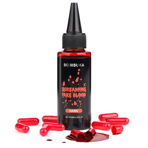 BOBISUKA Halloween Fake Blood + 10 Pack of Easy to Fill Empty Capsules, Realistic Washable Fake...