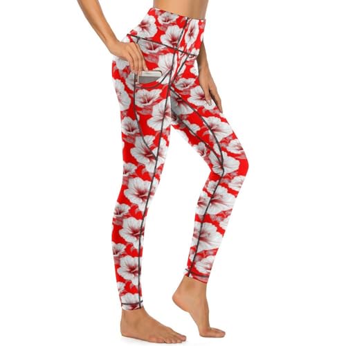 Legging d'entraînement imprimé floral rouge vif pour femme avec poches