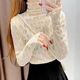 Schlankes Pullover-Top für Damen mit langen Ärmeln, Spitzen-Netzstoff, Rollkragen und ausgehöhltem Design, ideal für Freizeit- und Partyeinrichtungen (L Aprikose)
