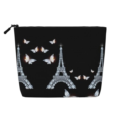 Eiffel Tower Cosmetic Organizer Large Fake Hemp Bag, Water Resistant Zippered Pouch for Daily Travel
