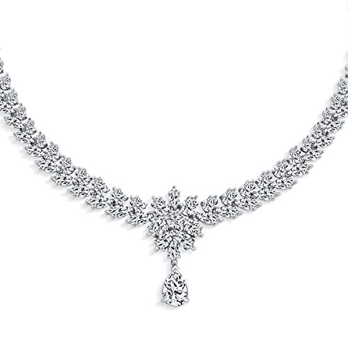 Ensemble De Bijoux De Mariage Et De Bal Collier Ras Du Cou En Style Art Déco Avec Marquise Feuille Étoile Et Zircone Cubique AAA CZ Et Boucles D'Oreilles Pendantes En Forme De Lustre Plaqués Argent – Image 3