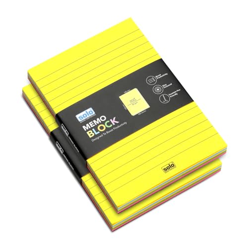 Image of SOLO Memo Ruled Blocks Pack of 2, 100 Tear-Off Sheets in 5 Different Color with 80 GSM, Fountain Pen Friendly Lined Pages for School & College Project, Assignment & Practical (Portrait, 105 x 148 mm)