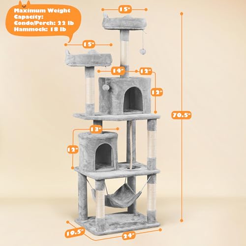 Yaheetech Cat Tree Tower, 70.5in Multi Level Cat Tree Kitten Condo with 2 Condos & 2 Plush Perches & Scratching Post & Dangling Ball, Cat Tower Furniture for Play & Rest Light Gray - Thumbnail 7