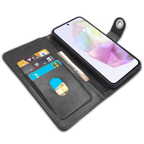 Image of Pikkme Samsung Galaxy A35 5G Flip Cover Leather Finish | Inside TPU with Card Pockets | Wallet Stand and Shock Proof | Complete Protection Button Flip Case (Black)