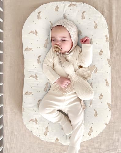 Muslin Baby Lounger Cover 2 Pack, Soft Breathable Newborn Lounger Pillow Cover for Boys Girls Infant (Hopping Bunnies) - 4