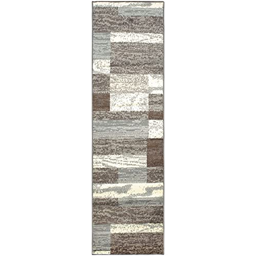 Superior Rockwood Modern Geometric Patchwork Polypropylene Indoor Area Rug Or Runner With Jute Backing, 2.6' X 12', Light Blue-Ivory #TOP1