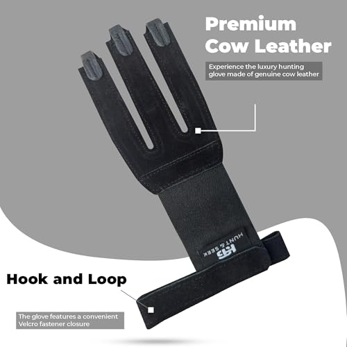 Hunt & Seek Archery Glove Finger Tab Accessories - Suede Leather Hunting Glove for Recurve & Compound Bow - Three Finger Guard Unisex (X-Large, Black)