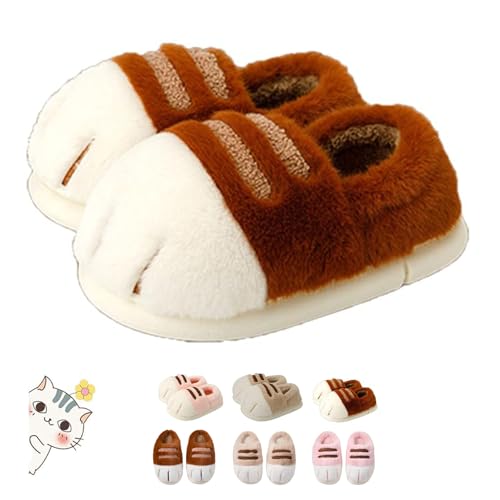 DUOCHSUA Pantuflas acogedoras 3D con diseño de pata de gato para mujer, pantuflas de felpa cálidas con espuma viscoelástica para pies de gato (9/10, marrón)