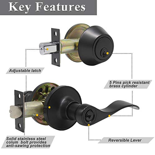 Probrico Front Door Entry Lever Lockset, Single Cylinder Deadbolt Combination Set, Flat Black Finish Keyed Alike Combo, Reversible For Right And Left Side 4Pack #TOP4