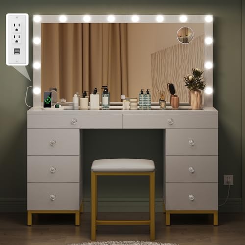 DWVO White Vanity Desk with Large Mirror, Charging Station and LED Lights - Makeup Table Set with 14 Bulbs, Magnifying Glass Drawers and 3 Light Modes, Upgraded