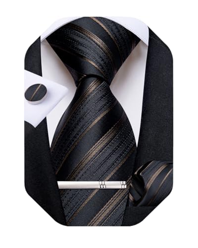 Image of DiBanGu Mens Striped Tie Silk Woven Necktie and Pocket Square Cufflinks Tie Clip Set Wedding Business Formal Gift Tie for Men