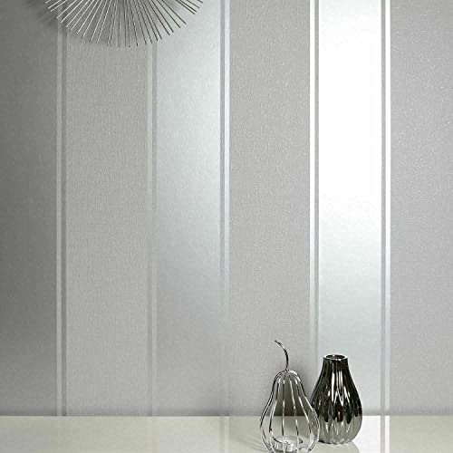 SOPHIE LAURENCE Luxury Metallic Silver Grey Textured Vinyl Large Stripes Wallpaper for Living Room