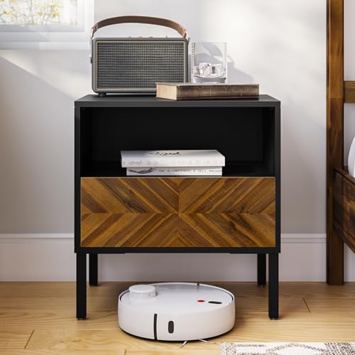 Image of Bme Vivian Side Tables Bedroom, Solid Wood Bed Side Table, Mid Century Modern End Table with Drawer, Herringbone Pattern, Compact for Bedroom & Living Room, Easy Assembly, Chestnut