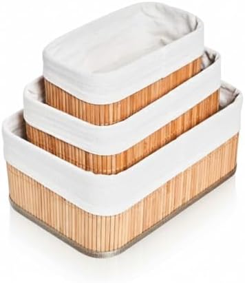 TEEM Set of 3 Natural Bamboo Storage Baskets with Removable White Washable Linen Fabric Liners - Decorative Organizing Bins for Shelves Closet Bathroom - Large 12" Medium 10" Small 8" Widths image 3