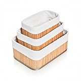 TEEM Set of 3 Natural Bamboo Storage Baskets with Removable White Washable Linen Fabric Liners - Decorative Organizing Bins for Shelves Closet Bathroom - Large 12' Medium 10' Small 8' Widths