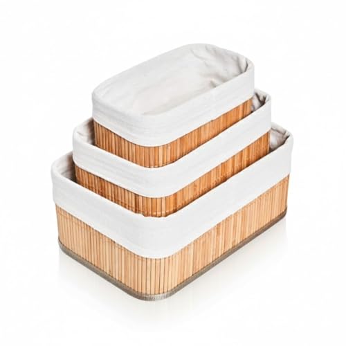 TEEM Set of 3 Natural Bamboo Storage Baskets with Removable White Washable Linen Fabric Liners - Decorative Organizing Bins for Shelves Closet Bathroom - Large 12" Medium 10" Small 8" Widths
