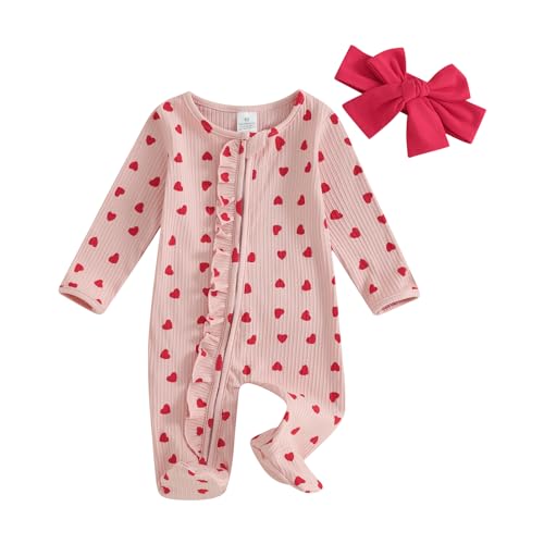 Twopumpkin Newborn First Valentines Outfit Baby Girl Boy Mr Steal Your Heart Long Sleeve Romper Jumpsuit Valentines Clothes (Pink love heart,12-18 Months)