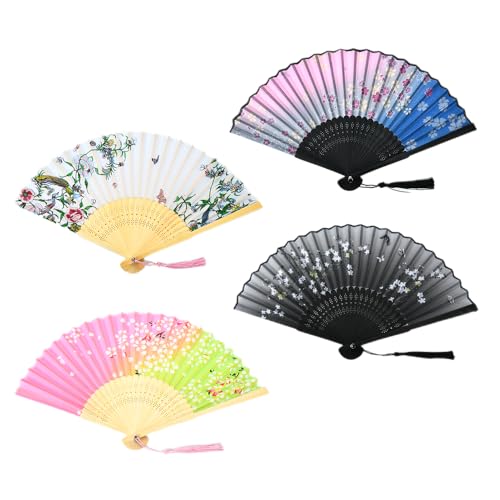 HUNANBANG 4 Pieces Oriental Bamboo Folding Hand Fans Adults only Church Wedding Gift, Party Favors, DIY Decoration Gift Size 8 1/4" Wholesale 10pack (Bamboo Assorted 4pack)