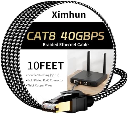 Cat 8 Ethernet Cable 10FT, High Speed Internet Network Cable | Nylon Braided,with RJ45 Connector, 40Gbps 2000MHz Heavy Duty LAN Cable Indoor&Outdoor for Modem/Router/Gaming/PC