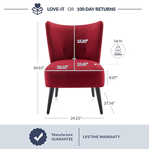 Belleze Modern Velvet Accent Chair, Wingback Small Upholstered Reading Chair With Solid Wood Legs, Comfy Tufted Button Armless Corner Chair For Living Room, Bedroom - Sheila (Red) #TOP1