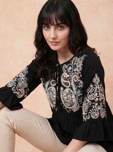 Image of Bee M Pee Designer Women's Short Kurti Navy Embroidered Viscose Rayon Tunic Tops