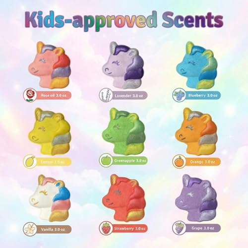 Unicorn Bath Bombs for Kids with Surprise Inside-9 Pcs Large Fizzy Bath Salts with Calming and Long Lasting Scent, Handmade Bubble Bath Bombs for Gilrs Age 3 4 5 6 7 8 9+ Year Old — view 4