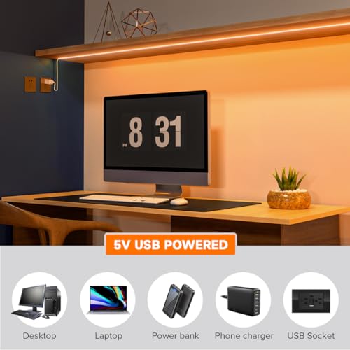 Tira de luces COB LED naranja 6.56FT USB DC5V miniatura 5