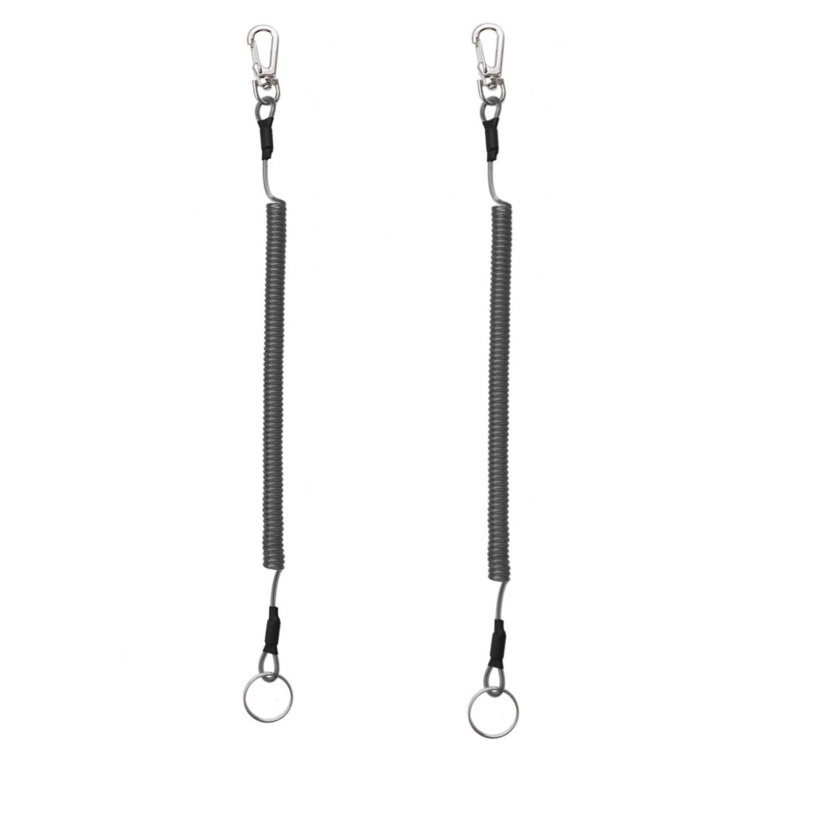 2PCS Fishing Lanyard Spiral Keyring Heavy Duty Retractable Coiled Tether with Carabiner and Split Ring for Pliers, Boating, Tools, Grey