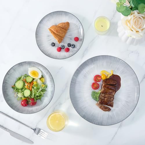 Image of Bestone Porcelain Dinnerware Sets Service for 4, 12 pcs Hand drawn Plates and Bowls Sets, Handmade Ceramic Dish Set, Chip Resistant Modern Plate Set, Dishwasher /Microwave Safe,Gray