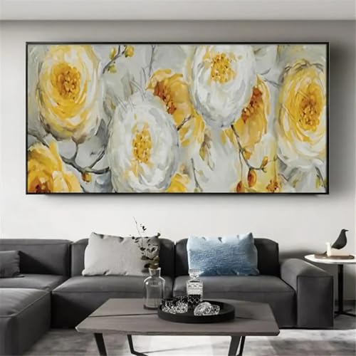 Peinture à l'huile sur toile de qualité premium, fleurs jaunes abstraites de 65x130cm