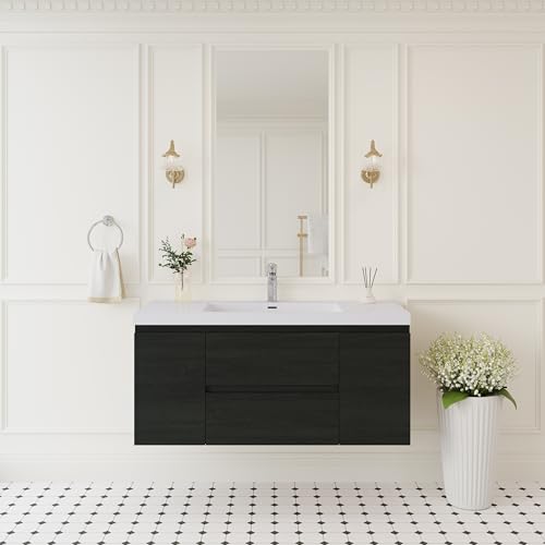 Image of KEIKI 48 inch Floating Bathroom Vanity with Sink, Pre-Assembled Wall-Mounted Vanity with Resin Basin, 2 Soft-Close Drawers & Doors, Modern Space-Saving Bathroom Cabinet, Black