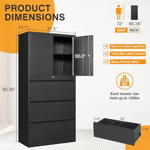 STANI 3 Drawer Metal Lateral File Cabinets,Lockable Storage Cabinet for Home Office with Adjustable Shelves Hanging Files Letter/Legal/F4/A4 Size (Black)