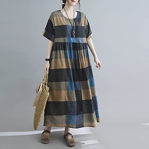 Moochy Vestido feminino de algodão e linho com estampa xadrez vintage O pescoço, meia mangas, bolsos