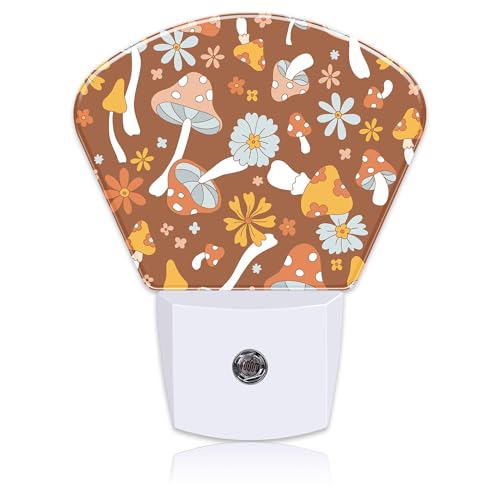 Image of Vintage Mushrooms Night Light Plug into Wall, Boho Flowers Night Light with Dusk to Dawn Sensor for Kid Girls Boys Women Men Bedroom, Hallway, Kitchen, Bathroom, Stairs Decor